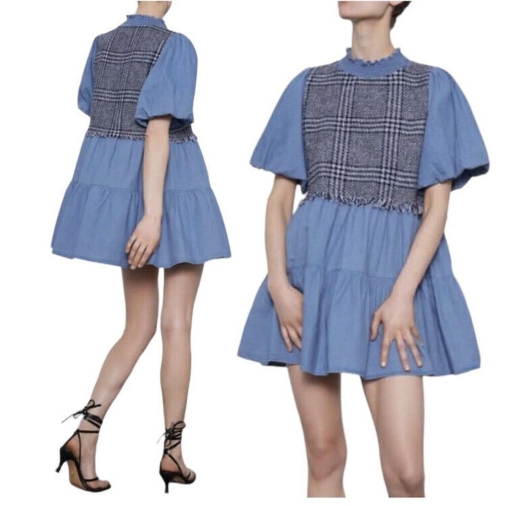 ZARA Chambray Mini Dress Tweed Texture A-Line Smocked Neck‎ Puff Sleeve Small